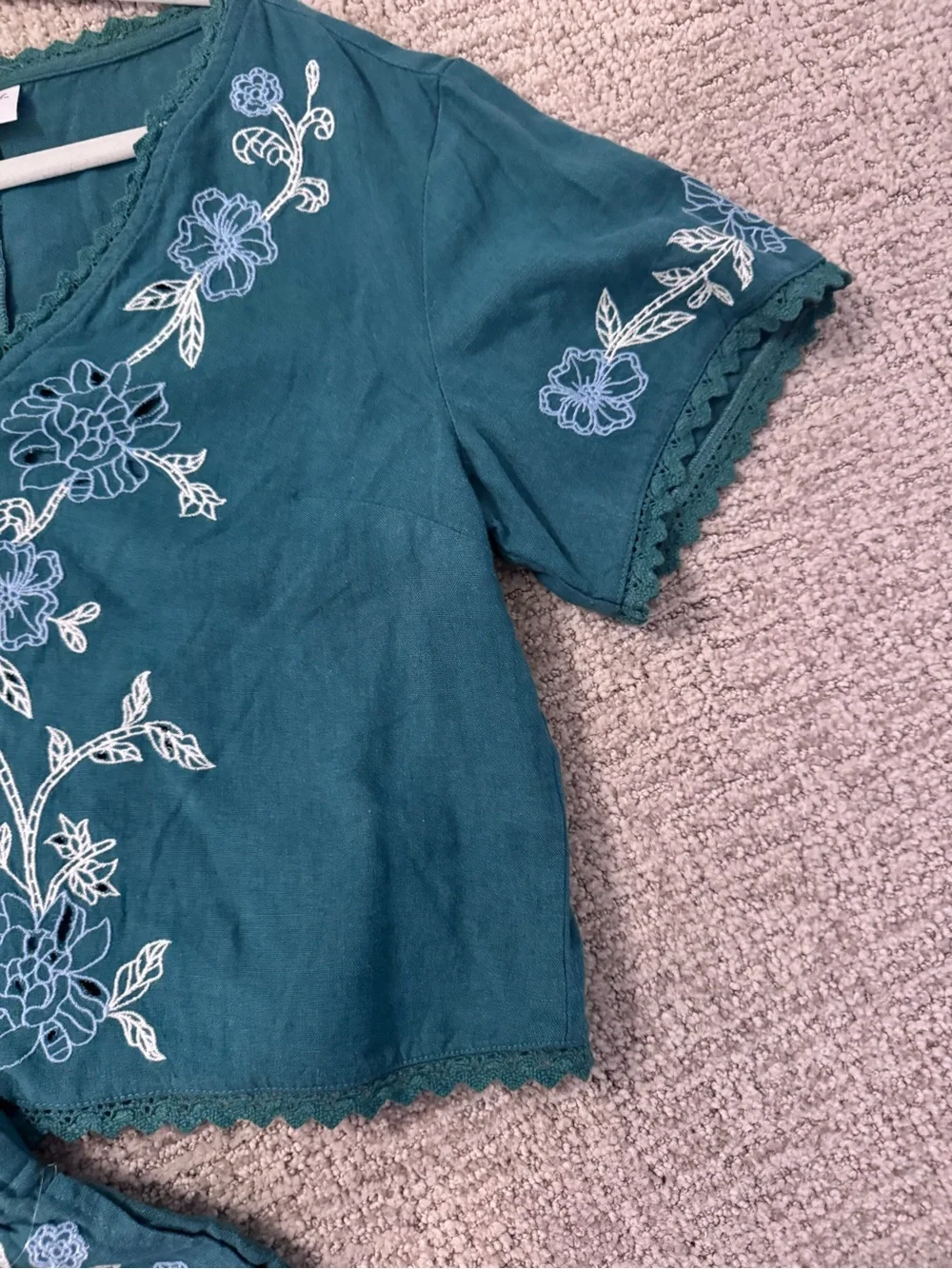 Universal Thread Green Floral Embroidered Linen Blend Matching Set XS